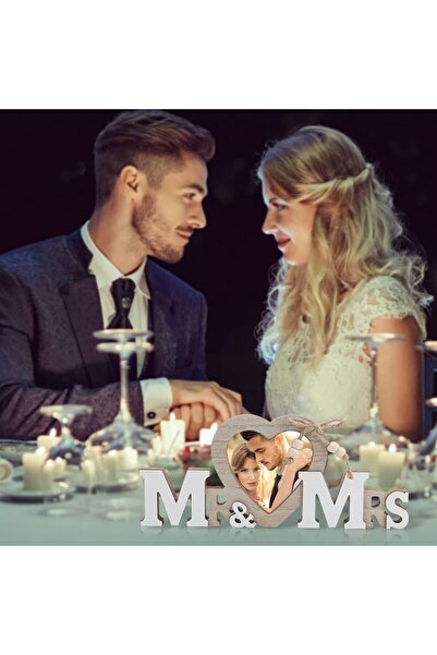 TERRIFI Wedding Heart Photo Frame - Mr & Mrs Tabletop Picture Frame (White & Brown)