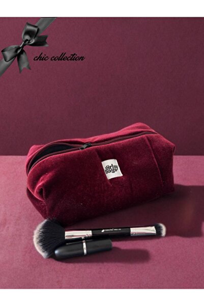 girlsybags حقيبة مكياج مخملية باللون الأحمر الداكن، حقيبة كبيرة الحجم بسحاب، هدية عيد الميلاد، حقيبة سهرة أنيقة