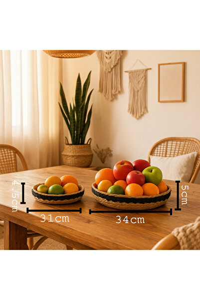 YINZUO Jute Tray Set Natural Woven Serving and Decorative Trays with Black Border Round