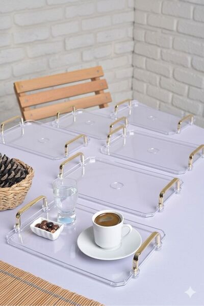ŞURA MUTFAK 6 Pieces Turkish Coffee Presentation Tray with Gold Handles |   6-Piece Stylish Set 25X17Cm Transparent