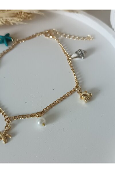 La fee aksesuar Women's Anklet Seashell Starfish Pearl Turtle Fish Gold Chain