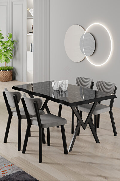 Canisa Akort Serisi MDF Sabit 80x130 Siyah Mermer Desen Mutfak Masası Takımı ...