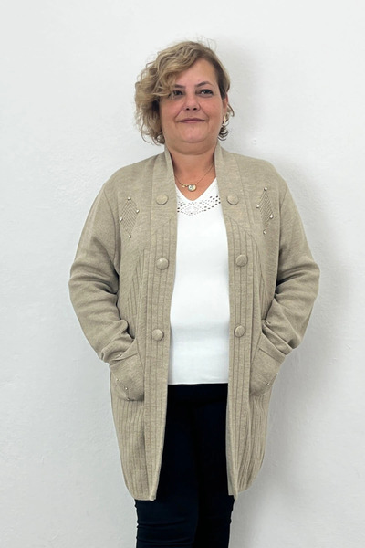 Mia Butik Women's Beige Button Detailed Cardigan