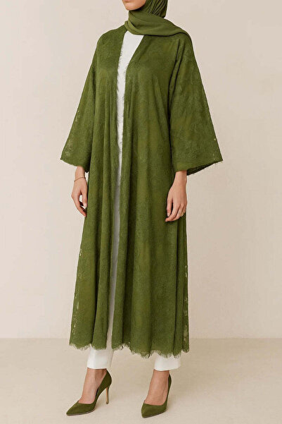 MayaCloset Luxury Arabic Sheer Olive Green Dantel Abaya & Kimono & Ferace