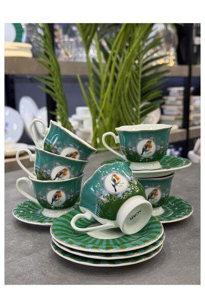 Doğudeko Luxury Porcelain Bird 6-Piece Cup Set Green
