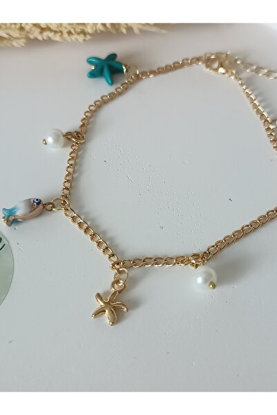 La fee aksesuar Women's Anklet Seashell Starfish Pearl Turtle Fish Gold Chain