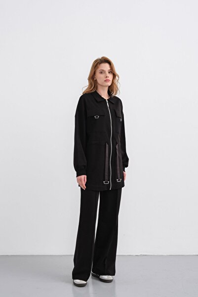 Basicpark Black Women's Polo Neck Pocket Detailed Zippered Wide Leg Ribbed Knitted Top and Bottom Set