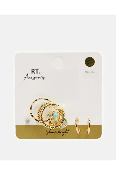 REDTAG مجموعة أقراط وخواتم نسائية مزينة بالذهب (9 قطع)