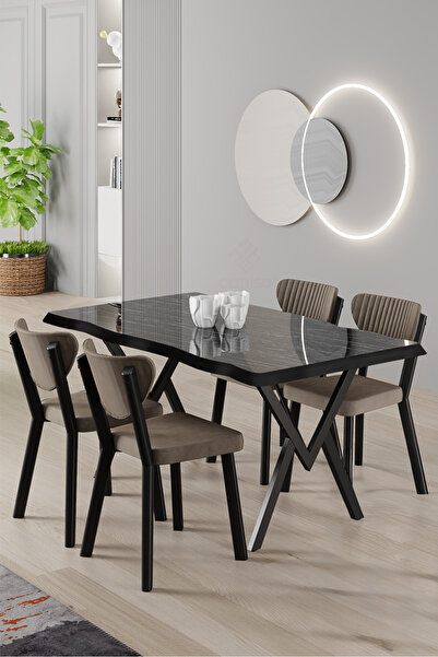 Canisa Akort Serisi MDF Sabit 80x130 Siyah Mermer Desen Mutfak Masası Takımı ...