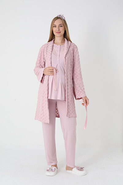 BLACKMORE Women's Powder Shawl Collar Special Lace Design Cotton Quilted Dressing Gown 3-Piece Pajama Set