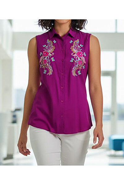 dml giyim Sleeveless Linen Blouse with Embellishment Details