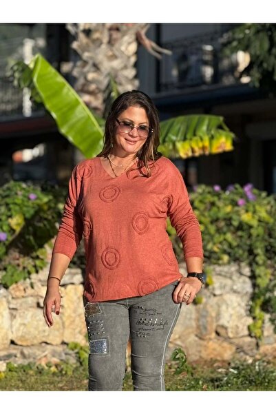 Punta Otantik Nc20663 Lace V-Neck Italian Knitwear Blouse Tile