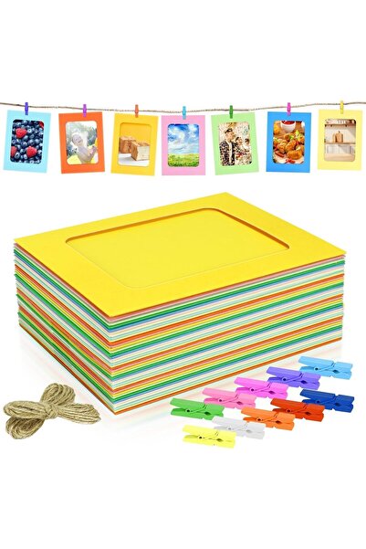 Tazweeq إطارات صور ورقية ملونة، عبوة من 50 إطارًا مع مشابك خشبية وخيط، 8 × 11 سم