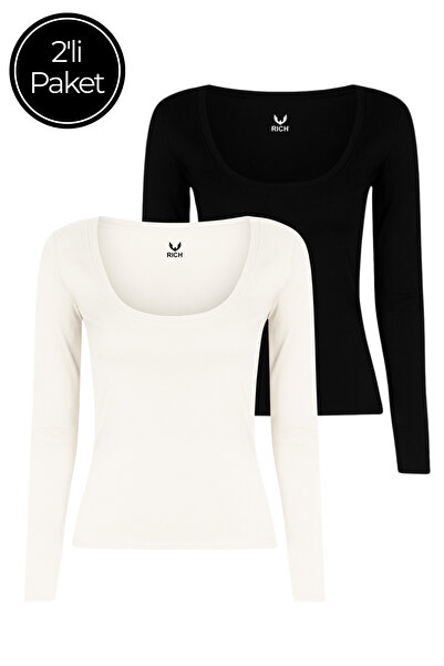 Rich Women's 2-Pack Black-White U-Neck Bodycon Long Sleeve Blouse