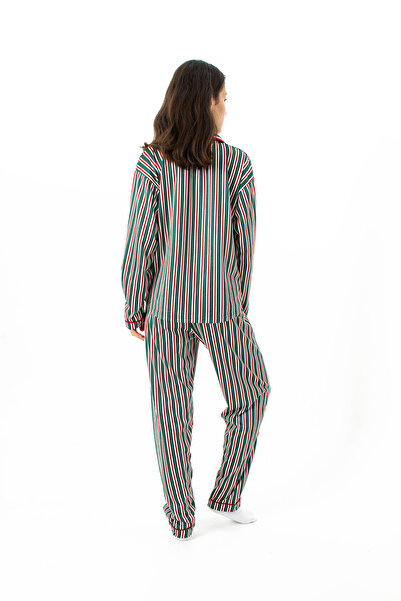Ecrou Γυναικείο Σετ Πιτζάμες με μακρυμάνικο παντελόνι New Start στρογγυλός γιακάς με πράσινες ρίγες