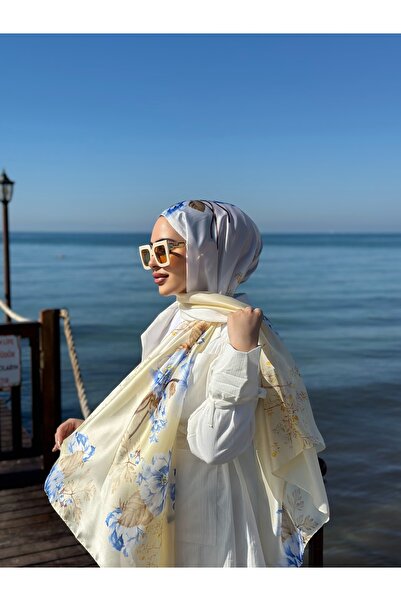 tomrisboutique Lüks Vual İpek Şal Hijab Fular Scarf Shawl Çiçekli Desen 90 x 180