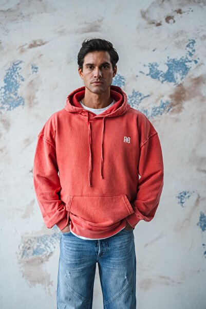 R8 ERKEK KAPÜŞONLU YIKAMALI SWEATSHIRT KIRMIZI HD-5002-4
