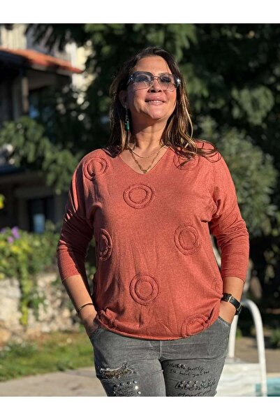 Punta Otantik Nc20663 Lace V-Neck Italian Knitwear Blouse Tile