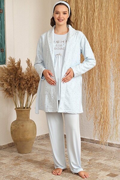 Sinem Çeyiz طقم بيجامة الأمومة المكون من 3 قطع مع روب صباحي مزين بالنجوم BH 4225