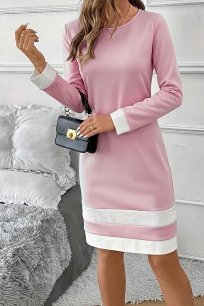 Mossta Round Neck Striped Detail Mini Woven Dress - Pink