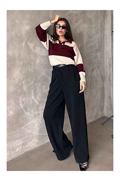 LC Waikiki Siyah Çift Pileli Kemerli Pantolon Mg2330