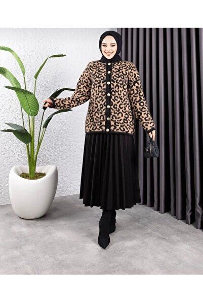 Sfg Life Moda Women's Leopard Patterned Hooded Cardigan