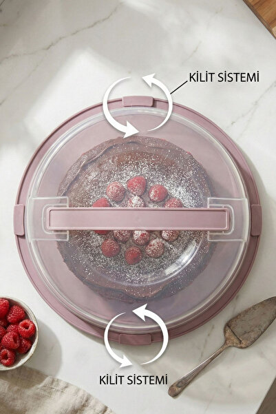 Poomy Kilitli Kek Fanusu Pasta Börek Taşıma ve Saklama Kabı Kulplu Yuvarlak Sunum Fanusu