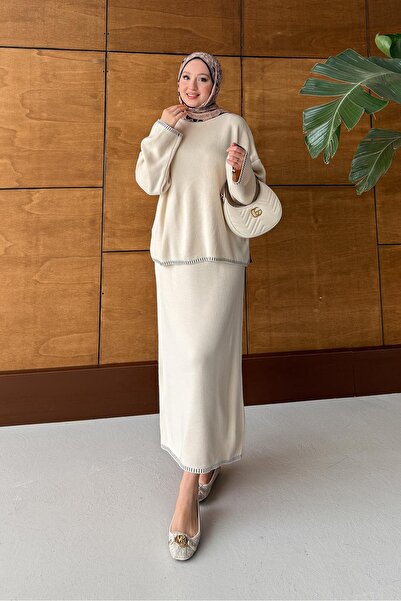 Rimel Moda Çizgi Desenli Etek Takım Bej