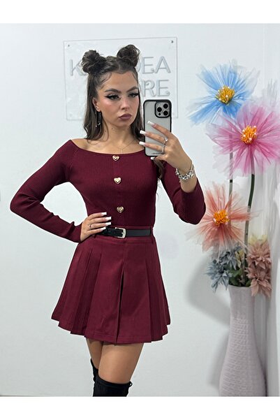 KATYDEA STORE Short pleated burgundy skirt with integrated shorts and waist belt (Wella)