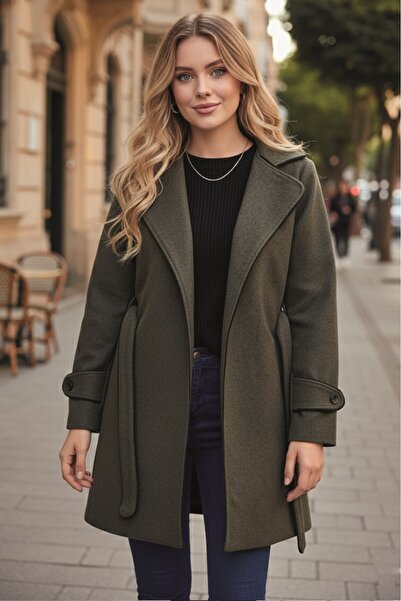 Barbora Kaşe Kadın Şık Tasarım Yaka Kaban ve Kemer