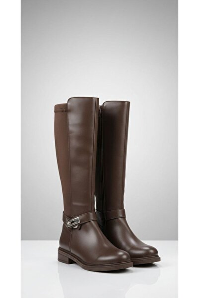 PAPUCUMUN DÜNYASI Cizme de damă din piele cu fermoar, cu detaliu din material elastic sub genunchi