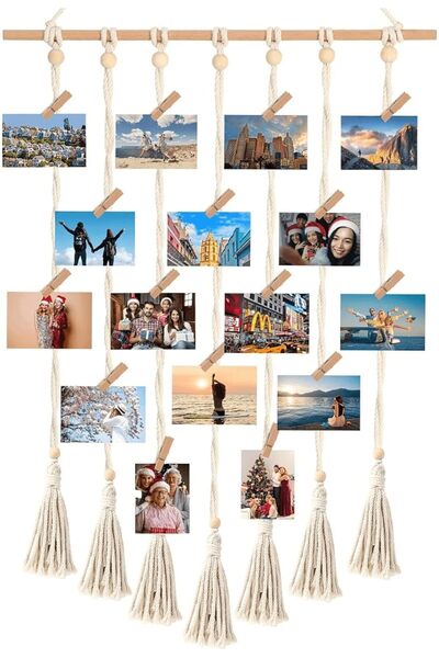 KASTWAVE Hanging Photo Display Macrame Wall Hanging with 30 Clips - Boho Photo Display
