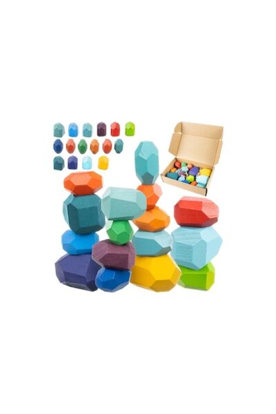 KRUZZEL Montessori Creative Game - Balancing Stones, 16 Multicolor Wooden Blocks