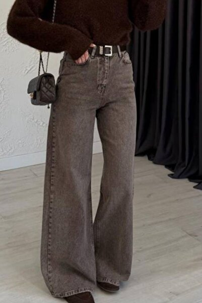 aura7 collection Yüksek Bel Wide Leg Kahve Palazzo Kadın Jean Pantolon
