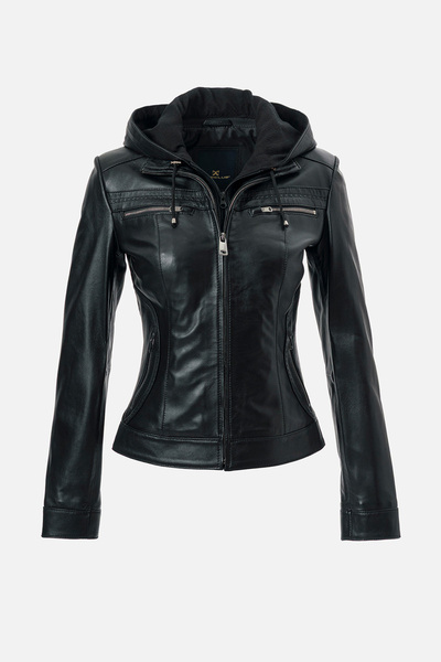 Dericlub Harper Kadın Çıkma Deri Kapüşonlu Slimfit Gerçek Deri Mont SİYAH