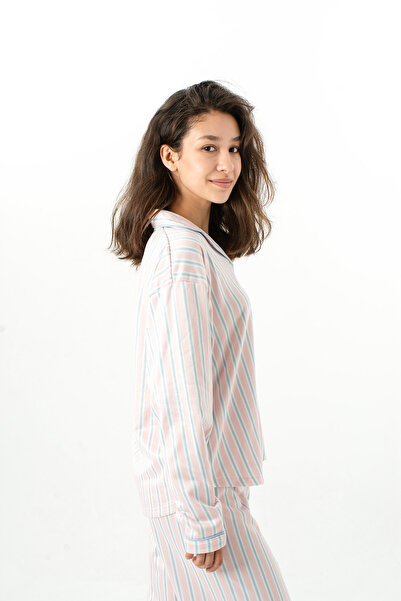 Ecrou Women's Powder Striped New Start Peter Pan collar Long Sleeve Trouser Pajama Set