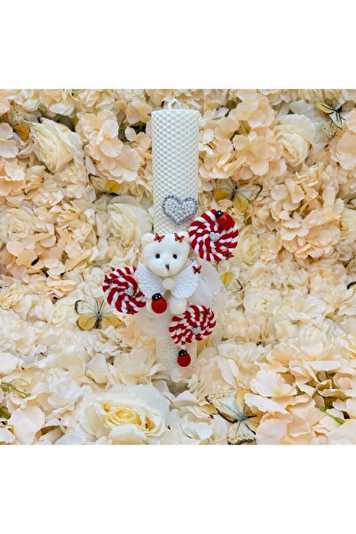 kizu Handmade Honeycomb Beeswax Baptism Candle with Teddy Bear and White-Red Decoration