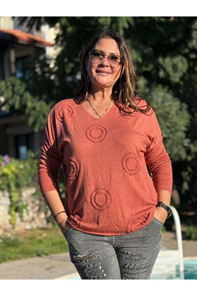 Punta Otantik Nc20663 Lace V-Neck Italian Knitwear Blouse Tile