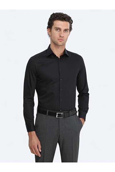 Kip Black Plain Slim Fit Woven Classic 100% Cotton Shirt