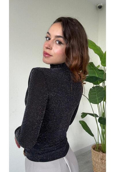 modadagiyim Black Self-Glittering Turtleneck Long Sleeve Gathered Very Stylish Blouse
