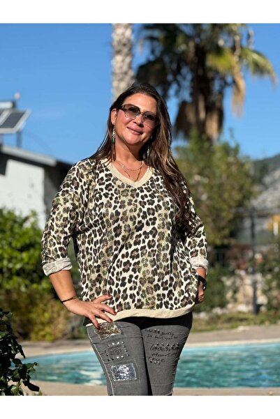 Punta Otantik NC25192 Κρέμα ιταλικής πλεκτομηχανής με λεοπάρ σχέδιο με λάμψη