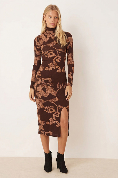 armonika Women's Coffee-Beige Turtleneck Front Slit Midi Length Dress Arm-26K001064