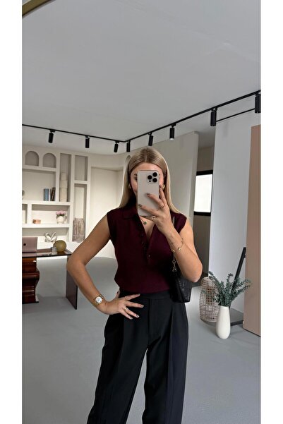 Sezgi Tekin Sleeveless Polo Neck Buttoned Plum Knitwear
