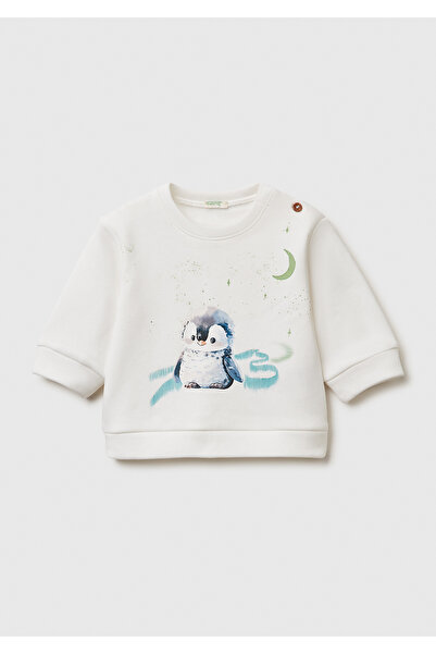 United Colors of Benetton Baby Ecru Front Printed Buttoned Shoulder Crew Neck...