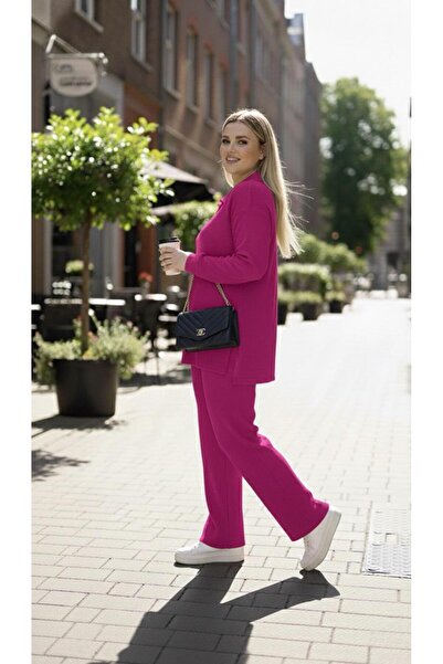 Koza Butik Women's Plus Size Shirt Collar Buttoned Ribbed Knit Fabric Tracksuit Set 8232-26
