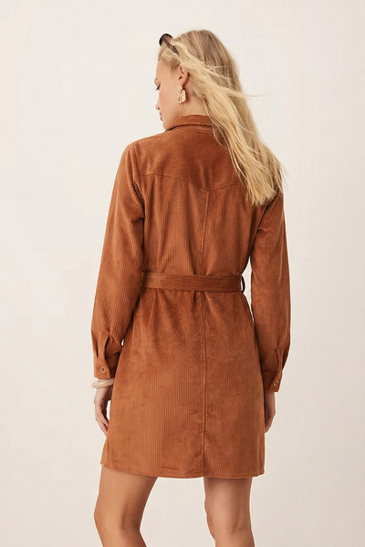 armonika Women's Tan Front Buttoned Pocketed Belted Velvet Dress Arm-25K001085