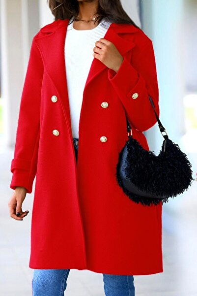 FashionForYou Elegant women's coat Cornelia, with gold buttons and cord, Red