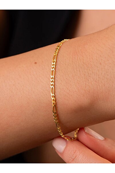 LİNOVE JEWELLERY 925 Ayar Gümüş Figaro Bileklik, Gümüş Üzeri 14K Altın Kaplam...