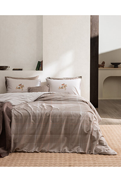 Madame Coco Sabastien Double Size 100% Cotton Elastic Ranforce Printed Duvet Cover Set - Beige