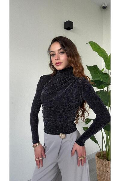 modadagiyim Black Self-Glittering Turtleneck Long Sleeve Gathered Very Stylish Blouse